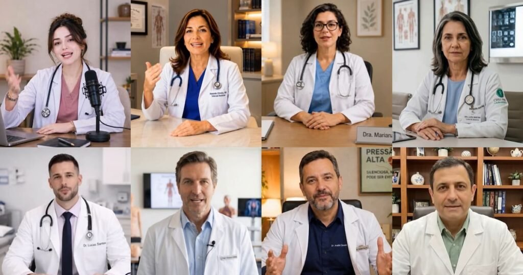 Imagem de um médico fictício gerado por IA, representado como um profissional de saúde com terno e jaleco, simbolizando a desinformação médica nas redes sociais.