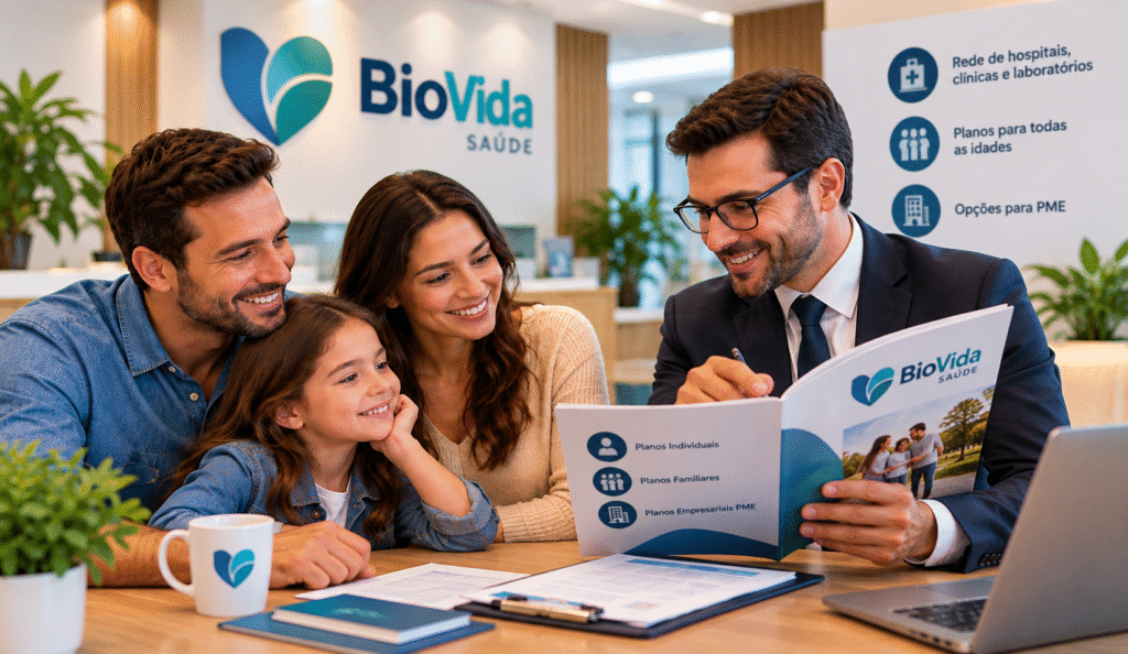 Família consulta opções de plano Biovida Saúde com consultor