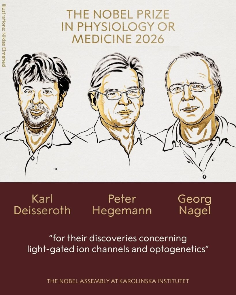 Cerimônia de premiação do Nobel de Medicina 2026 homenageando os pesquisadores Karl Deisseroth, Peter Hegemann e Georg Nagel pela optogenética