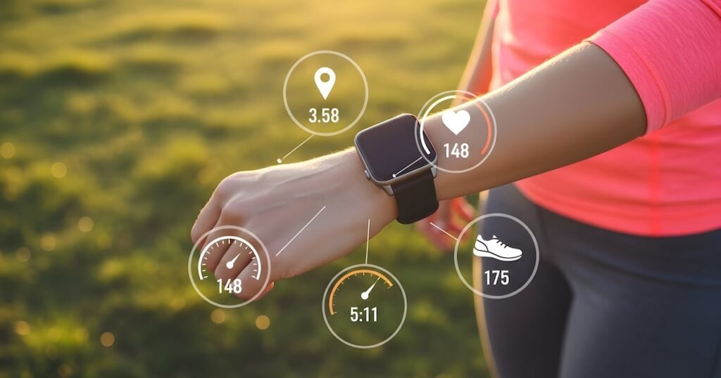 Uma mulher olhando para seu smartwatch enquanto parece preocupada com os dados de saúde exibidos na tela.