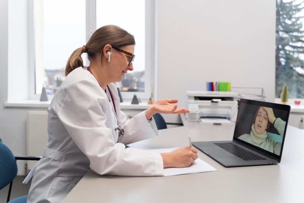 Médico realizando uma teleconsulta com um paciente pela tela do computador
